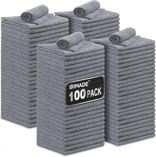 Microfiber Cleaning Cloth, 100 Pack Microfiber Towels for Cars Commercial Grade Work Rags Bulk Detailing Cloth for Automotive Bar Mechanic Restaurant Garage Housekeeping, 11.5"x 11.5", Grey