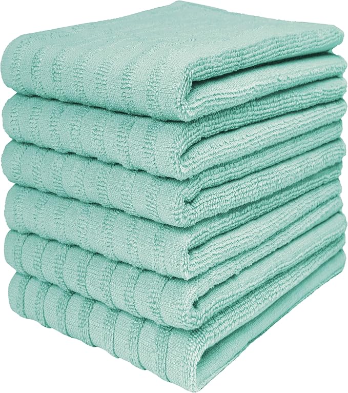 Premium Kitchen Towels (20”x 28”, 6 Pack) | Large Cotton Dish Towels 400 GSM | Highly Absorbent Terry Kitchen Linen Set with Hanging Loop | Aqua Solid