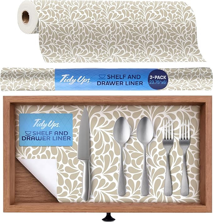 Self Adhesive Shelf Liner (2-Pack, 23.75in x 6ft) — Absorbent Felt Cabinet Liner for Shelves & Kitchen Drawers, Soft Glide Surface with Adjustable, Residue-Free Adhesive (Sandstone Petals)