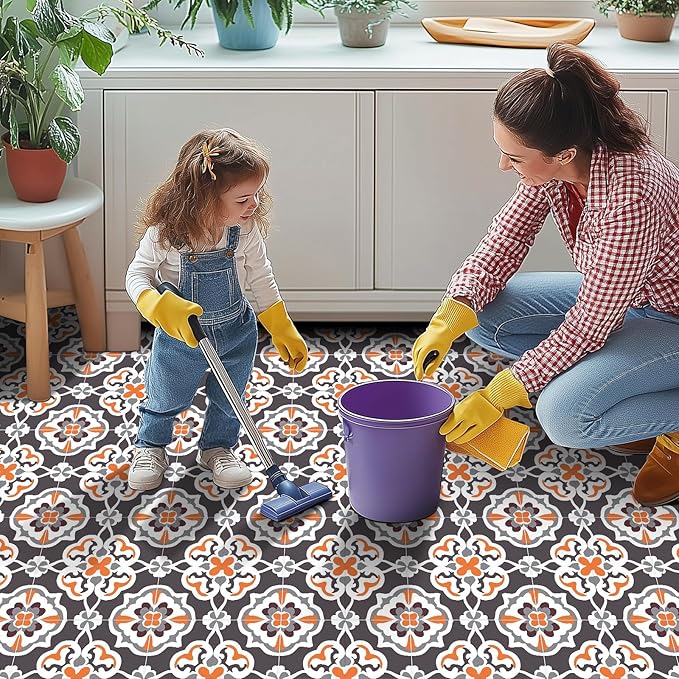 10PCS 12x12 Inch Vintage Floral Pattern Peel and Stick Floor Tiles Removable Self Adhesive Vinyl Flooring Stickers for Kitchen Entryway Balcony Coffee Corner Decor