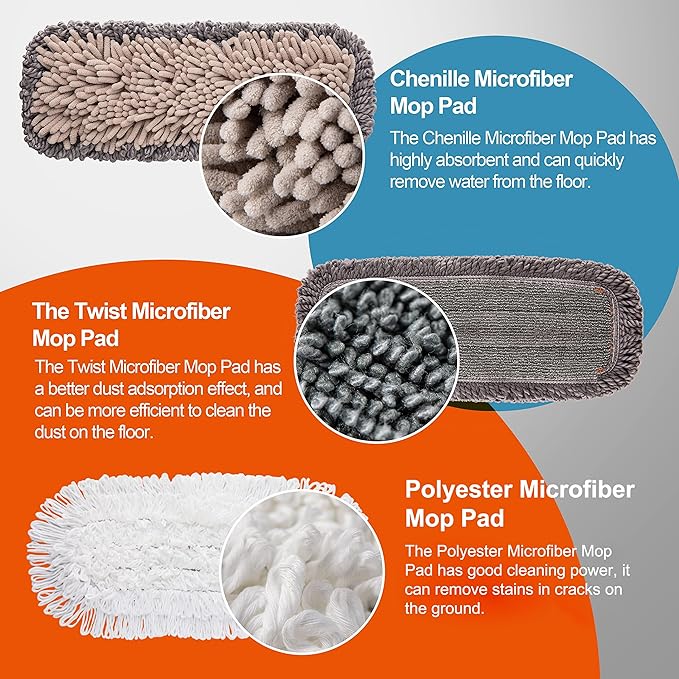 Mops for Floor Cleaning with 3 Different Washable Pads and Extendable 55” Long Handle, Multifunction Dust Mop for Hardwood,Marble,Tile Floor Mopping,Orange