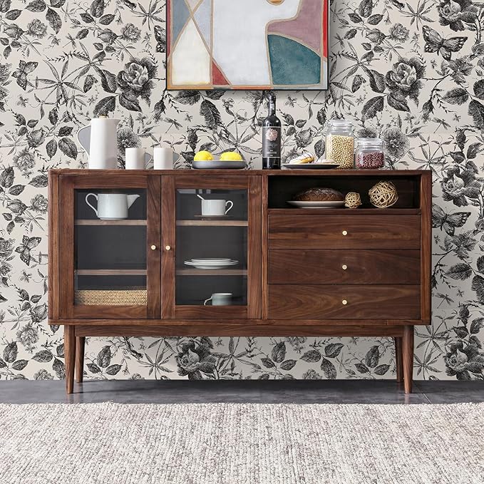 Drawer Liner Contact Paper for Dresser Peel and Stick Wallpaper Sketched Design 15.7x196.8in Self Adhesive Removable Black Maroon Rose Floral Butterfly Vintage Cabinet Shelf Renter Friendly