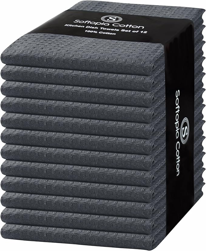 Gray Kitchen Towels – Waffle Weave, 100% Cotton, Soft & Absorbent, Fast Dry, Durable, 16x26 Inches, Perfect for Dish Drying, Bar, Cleaning, and Everyday Use, Set of 12, Grey