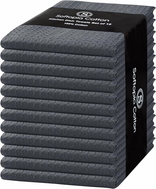 Gray Kitchen Towels – Waffle Weave, 100% Cotton, Soft & Absorbent, Fast Dry, Durable, 16x26 Inches, Perfect for Dish Drying, Bar, Cleaning, and Everyday Use, Set of 12, Grey