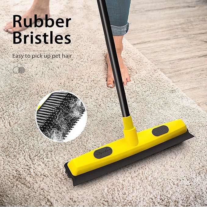 Rubber Broom with Squeegee, Pet Hair Removal 52.8 inches Long Handle, Push Fur Remover Tool with Portable Detailing Lint Brush for Fluff Carpet, Window, Tile, Hardwood Floor Cleaning (Yellow)