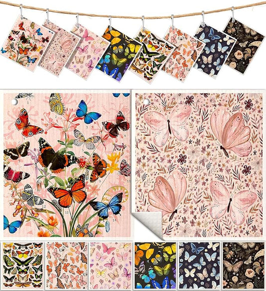 8 Pack Reusable Kitchen Swedish Dishcloths for Washing Dishes Cloths Absorbent Fast Drying Cleaning Sponge Cute Decorate Washable Swedish Towels, Butterfly