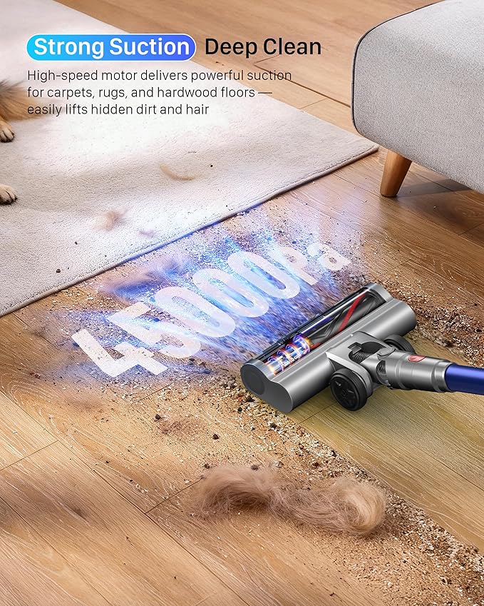 Cordless Vacuum Cleaner - Powerful Stick Vacuum with HEPA Filter, 55-Min Runtime, LED Light, Anti-Tangle Brush, Detachable Battery, Lightweight for Home, Pet Hair, Carpets & Hard Floors