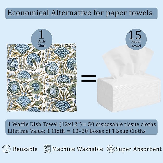 Ridhi Asparagus Green Hand Block Print Cotton Waffle Dish Cloth Set of 12-12x12 Inch Super Absorbent, Soft, Reusable Kitchen Towels for Dish Drying Cleaning, Ideal for Spring, Easter, Valentine