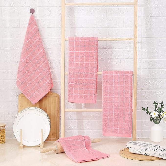 Homaxy 100% Cotton Terry Kitchen Towels(Pink, 13 x 28 inches), Checkered Designed, Soft and Super Absorbent Dish Towels, 24 Pack