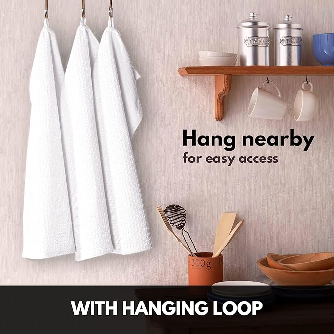White Waffle Kitchen Towels Set of 4-100% Cotton, Super Absorbent, Soft, Quick Drying, 16x26 Inches, with Hanging Loop, Perfect for Dish Drying, Cleaning, Bar & Everyday Use