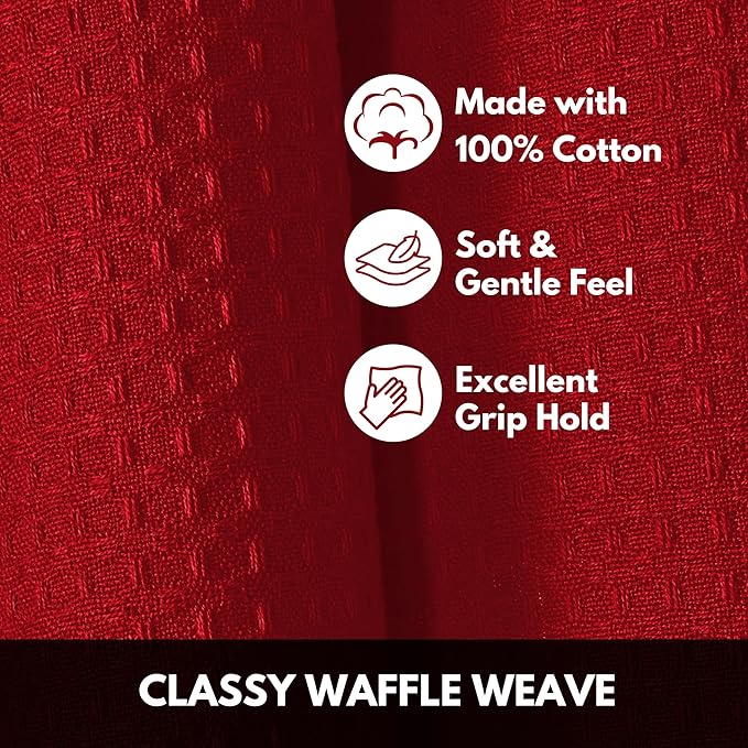 Red Waffle Kitchen Towels, 100% Cotton, Quick Dry, Super Absorbent, Soft, Lint-Free, 16x26 Inches, with Hanging Loop - Ideal for Dish Drying, Bar, Tea, Cleaning & Everyday Use, 4 Pack
