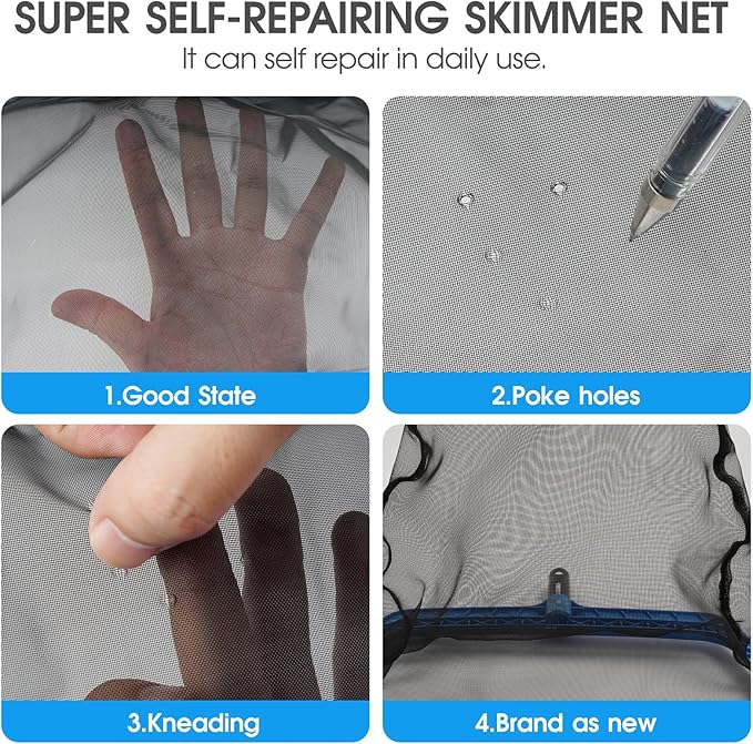 Pool Cleaning Kit Full Set - 17.5'' Self-Repair Pool Nylon Net Fine Mesh & 17.5'' Detachable Rounded End Pool Brush & 10 Ft Pool Pole, for Above Ground In-ground Pools, Spas, Hot Tubs