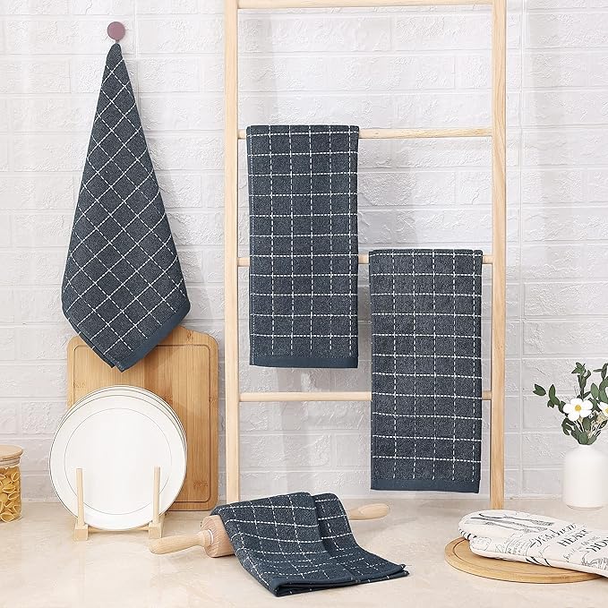 Homaxy 100% Cotton Terry Kitchen Towels(Dark Grey, 20 x 28 inches), Checkered Designed, Soft and Super Absorbent Dish Towels, Large 6 Pack