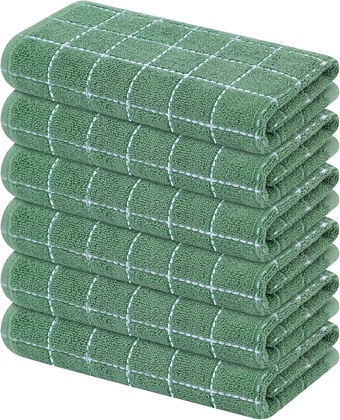 Mordimy 100% Cotton Terry Cloth Kitchen Towels, Super Soft and Absorbent Dish Towels for Drying, Checkered Designed Hand Towels for Kitchen, 16 x 26 Inches, 6 Pack, Grass Green