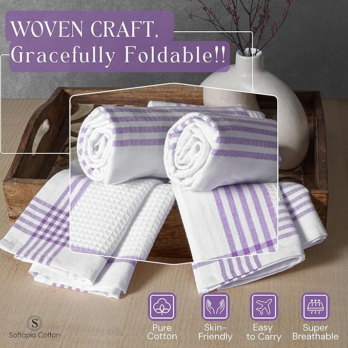 Waffle White & Multi Colors Kitchen Towels 12 Pack, 100% Cotton, 16x26 inches, Durable Dish Towel, Quick Dry Dishcloths, Ideal for Drying, Wiping - Light Grey, Lavender, Lemon Green
