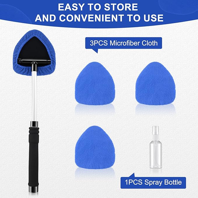 JUSTTOP Windshield Cleaner Tool, Car Interior&Exterior Window Cleaning Tool with Extendable Handle & 4 Reusable Microfiber Pads, Auto Glass Wiper Brush Kit for Cars (Blue)