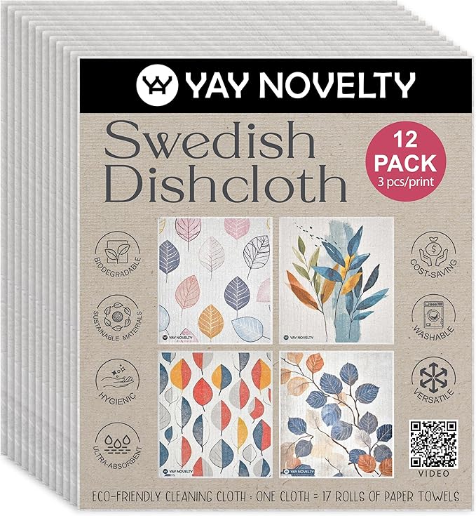 Swedish Dishcloths - 12 Pack | Made in Germany | Ultra-Absorbent, Reusable Cellulose Sponge Cloths for Kitchen | No-Odor, Eco-Friendly Cleaning Wipes | Water-Based Ink | Leaves
