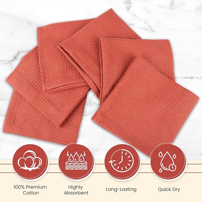 Vintage Vista 100% Cotton Waffle Dish Cloths (Pack of 6) - Dish Rags for Washing Dishes - Reusable & Highly Absorbent Kitchen Towels - Kitchen Rags for Christmas - (12" x 12" - Light Brown)