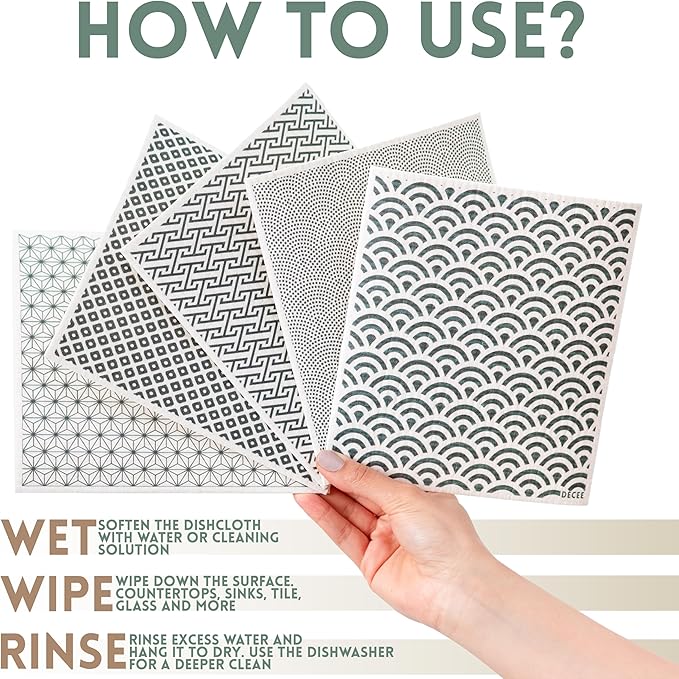 DECEE Swedish Dishcloths (Mosaic), 5-Pack, Reusable, Washable Cellulose Cotton Kitchen Cloths,Replace Paper Towels, Sponges, Dish Rags
