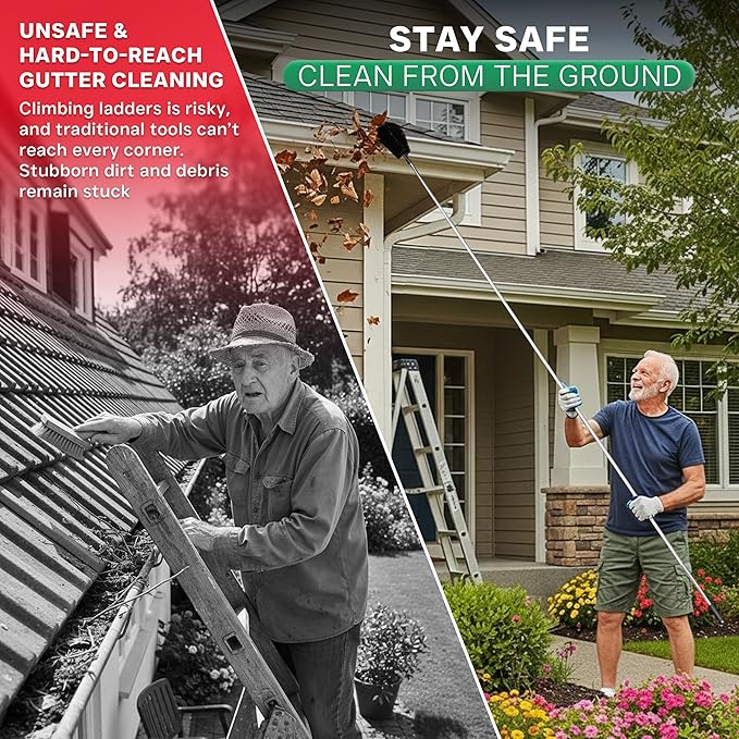 Premium Gutter Cleaning Tools from The Ground - 10.5 ft Long Adjustable gutter Cleaner & Brushs No Ladder Needed Branches And Debris from Gutters Clean Out Tool Makes it Easy To Clean Leaves.