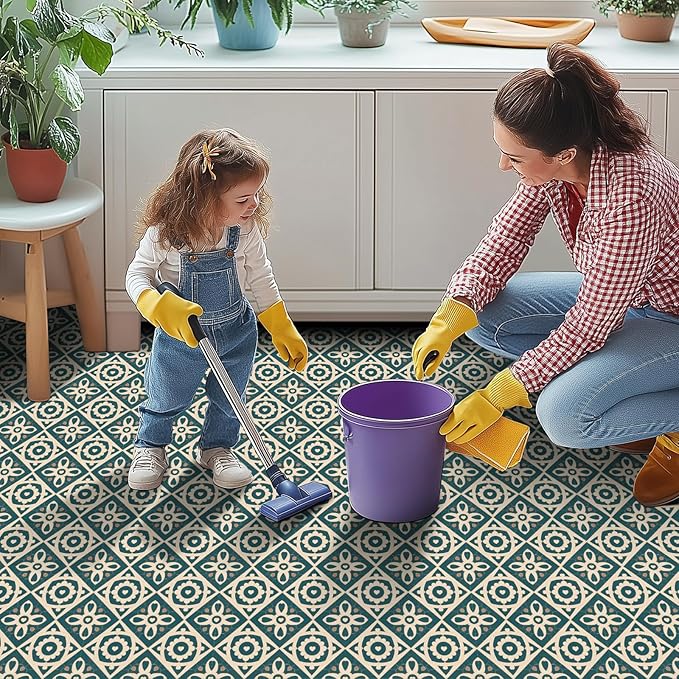 10PCS 12x12 Inch Vintage Heart Floral Pattern PVC Floor Tiles Peel and Stick Removable Self Adhesive Vinyl Flooring Stickers for Bathroom Kitchen Bedroom Home Decor