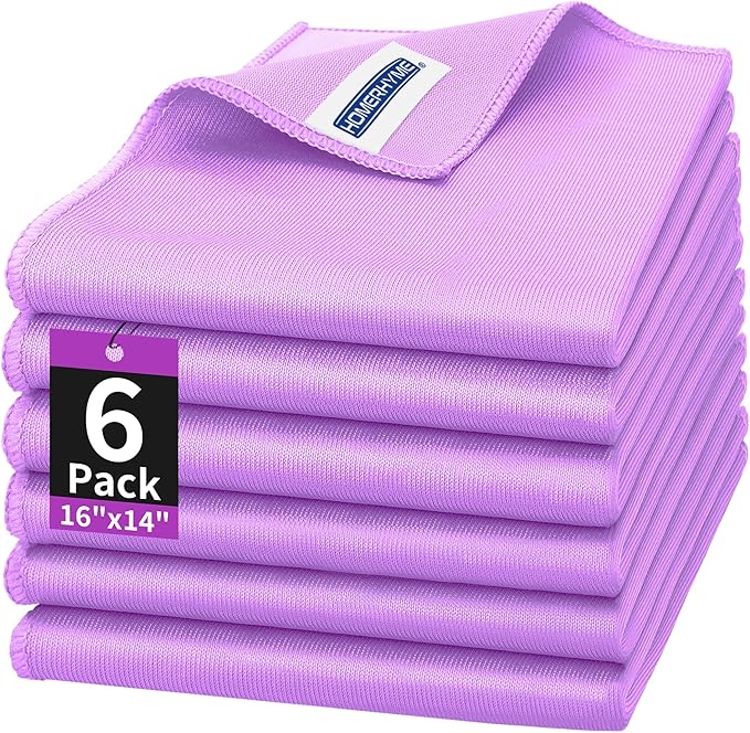HOMERHYME Microfiber Cleaning Cloth - 6 Pack Glasses Cleaning Cloth, 16" x 14" Window Cleaning Rags, Streak Free Lint Free Polishing Cloths Wipes for Eye Glass, Stainless Steel, Windshield, Purple
