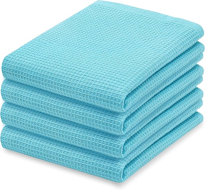 PurpleEssences Waffle Weave Kitchen Towel, 100% Cotton, 15x25 Inches, with Hanging Loop Ultra Soft Absorbent Quick Drying Dish Cloth, Tea and Hand Towels, 4 Pack - Christmas Holiday Winter - Aqua Blue
