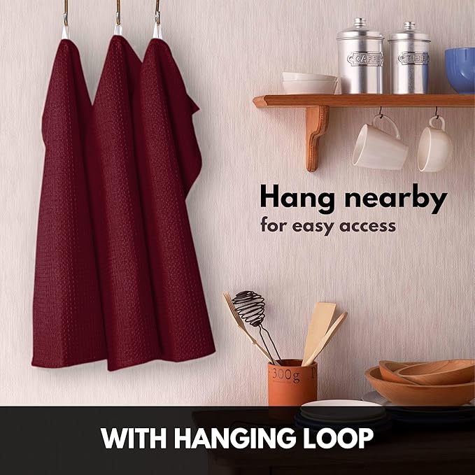 Burgundy Waffle Kitchen Dish Towels, 100% Cotton, Quick Dry, Super Absorbent, Soft, 16x26 Inches – Ideal for Dish Drying, Bar, Hand Wipe, Cleaning, and Everyday Use, 12 Pack, Maroon