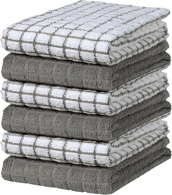 Bumble Kitchen Towels | 100% Cotton Dish Towels with Hanging Loop | 16"x 28" | 380GSM | Absorbent Kitchen Towel Set | 6 Pack, Gray