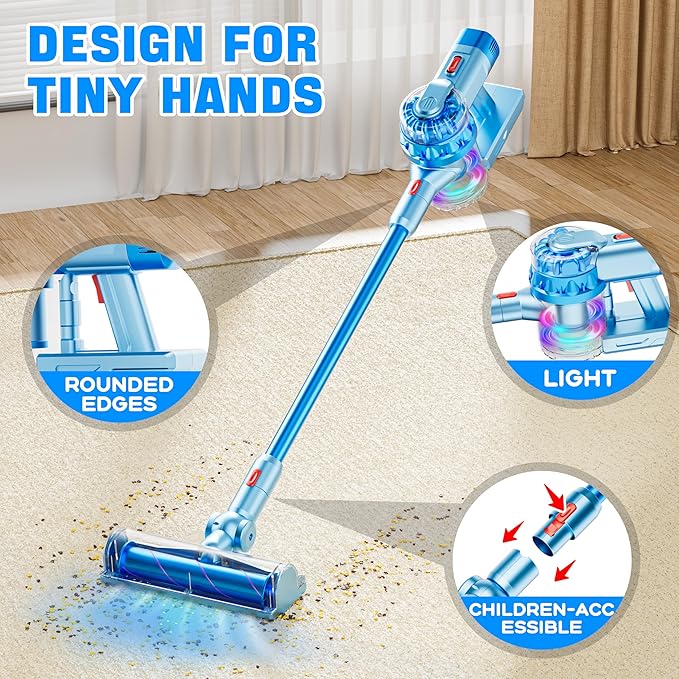 4-in-1 Kids Toy Vacuum That Works with Suction, Electric Toy Toddler Vacuum Cleaner for Children Ages 3 4 5 6+ Boys & Girls,Toddlers Toys Cleaning Set for Pretend Play (Light Blue)
