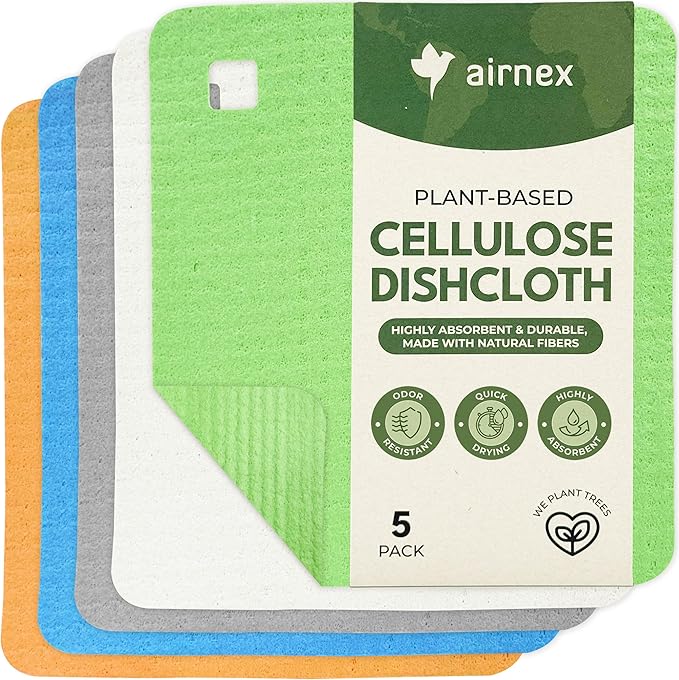 5 Pack Cellulose Swedish Dishcloths for Kitchen - Eco-Concious Reusable Dish Towels & Cloths - Super Absorbent, Odor Resistant and Fast Drying Wash Cloths for Dishes & Surfaces