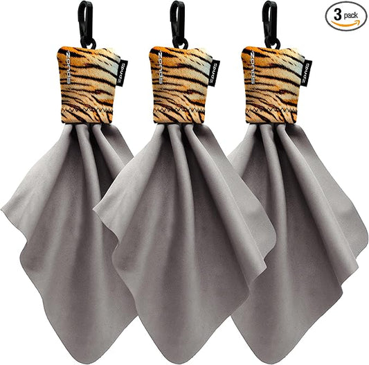 SPUDZ Classic Microfiber Lens Cleaner – Clip-On Pouch, Washable – for Binoculars, Scopes, Glasses, Screens | Tiger, 6 x 6 Inch (3-Pack)