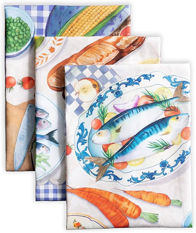 Maison d' Hermine Kitchen Towels Set of 3 100% Cotton 27.50" x 20" Reusable Cloth Tea Dish Towels Absorbent with Hanging Loop for Kitchen, Home, Dining, Cocktail Parties Spring/Summer (Gourmand)