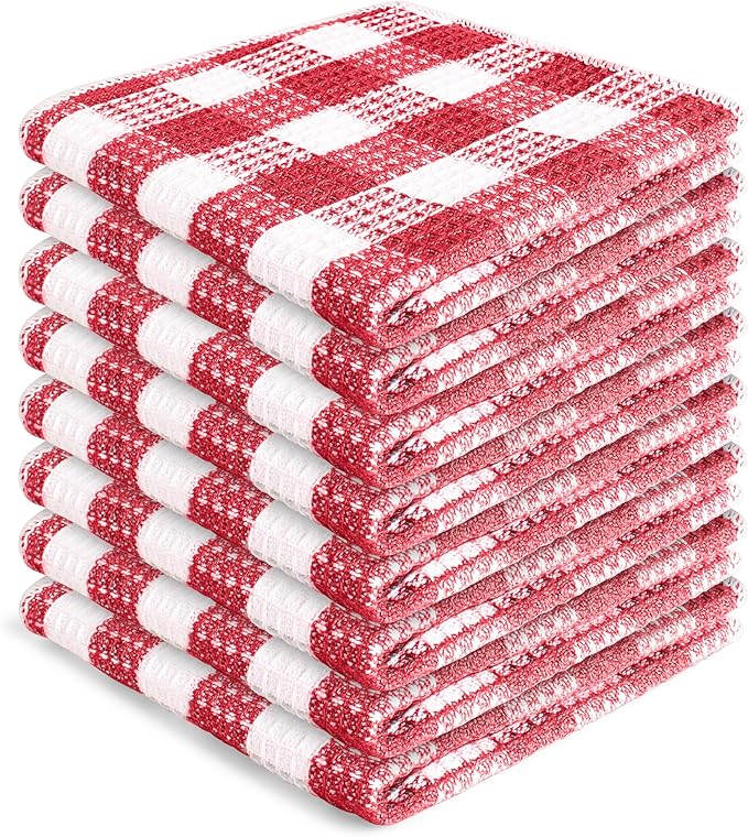 Blue Needles Waffle Weave Check Plaid Dish Cloths, 12x12 Inches 100% Cotton Set of 8 Dish Towels for Kitchen, Ultra Soft & Absorbent Kitchen Towels for Quick Drying Spring Summer - Burgundy & White
