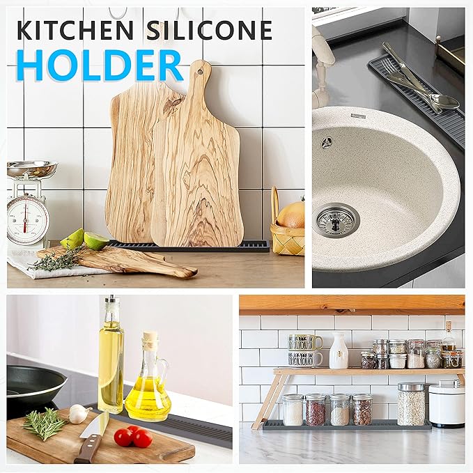 ZAPPOWARE Kitchen Sink Narrow Silicone Holder Tray 17.7"x3.1", Vanity & Bathroom Organizer, Gray