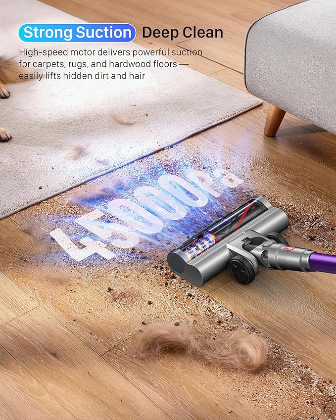 Cordless Vacuum Cleaner for Home - Powerful Stick Vacuum with HEPA Filter, 55-Min Runtime, LED Light, Anti-Tangle Brush, Detachable Battery,Lightweight Vacuum for Pet Hair,Carpets & Hard Floors