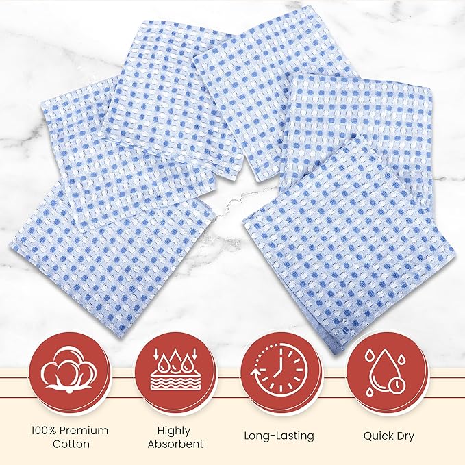 Vintage Vista 100% Cotton Dish Cloths (Pack of 6) - Dish Rags for Washing Dishes - Reusable & Highly Absorbent Kitchen Towels - Kitchen Rags for Christmas - (12" x 12" - Blue Honeycomb)