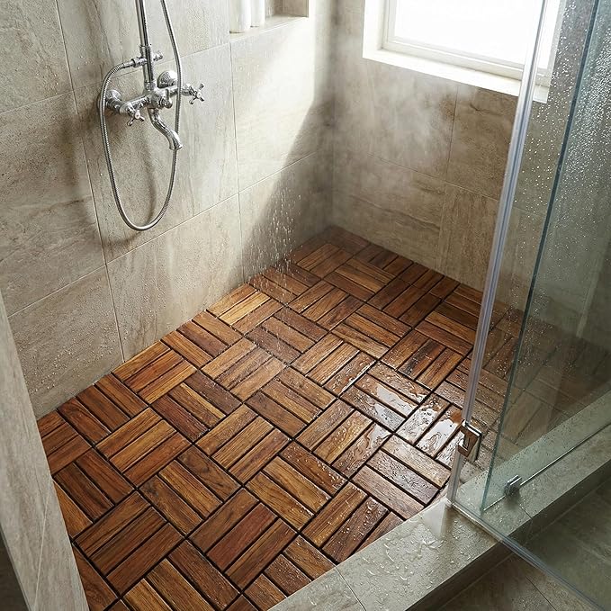 Bare Decor BARE-WF2009 Solid Teak Wood Interlocking Flooring Tiles (Pack of 10), 12" x 12", Brown