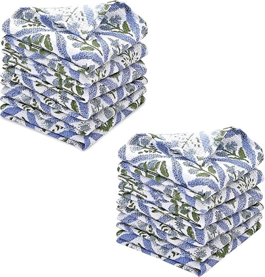 Ridhi Light Steel Blue Hand Block Print Cotton Waffle Dish Cloth Set of 12-12x12 Inch Super Absorbent, Soft, Reusable Kitchen Towels for Dish Drying Cleaning, Ideal for for Spring, Easter, Valentine