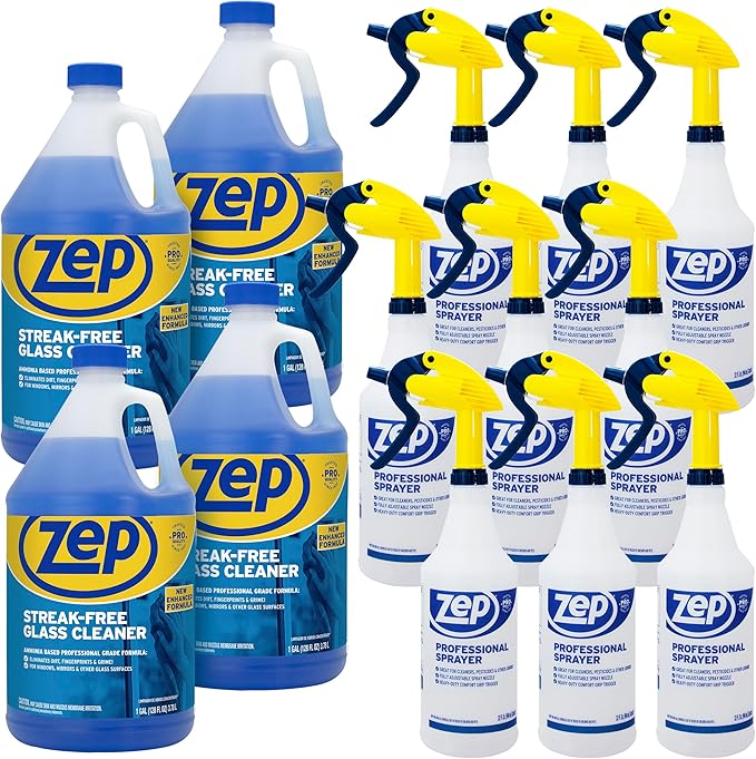 Zep Streak-Free Glass Cleaner 1 Gal (Case of 4) Professional Sprayer Bottle (Case of 9) - ZU1120128 - Ammonia Based Professional Grade Formula
