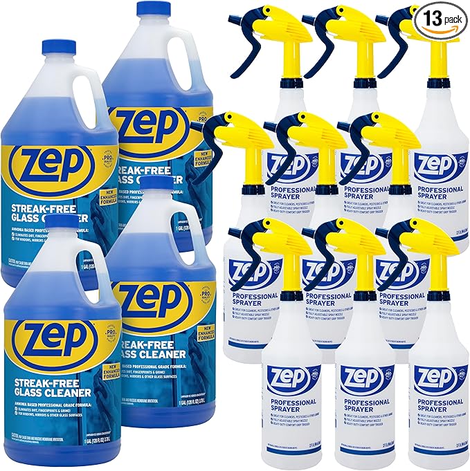 Zep Streak-Free Glass Cleaner 1 Gal (Case of 4) Professional Sprayer Bottle (Case of 9) - ZU1120128 - Ammonia Based Professional Grade Formula