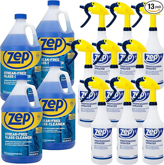 Zep Streak-Free Glass Cleaner 1 Gal (Case of 4) Professional Sprayer Bottle (Case of 9) - ZU1120128 - Ammonia Based Professional Grade Formula