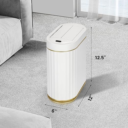Bathroom Trash Can with Butterfly Lid 2 Gallon Sensor Trash can, IPX5 Waterproof Garbage Can, Automatic Slim Trash Bin, Under-Counter Wastebasket, Bathroom Decor for Bedroom, White Gold