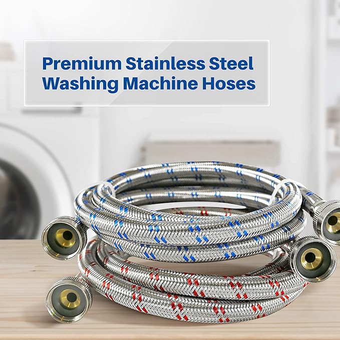K&J Premium 6ft Washing Machine Hoses Burst Proof 2 Pack - Hot and Cold Water Supply Hoses for Washing Machines (Stainless Steel)