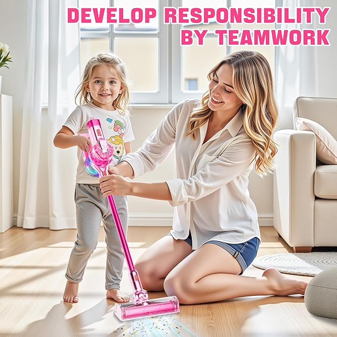 4-in-1 Kids Toy Vacuum That Works with Suction, Electric Toy Toddler Vacuum Cleaner for Children Ages 3 4 5 6+ Boys & Girls,Toddlers Toys Cleaning Set for Pretend Play (Pink)