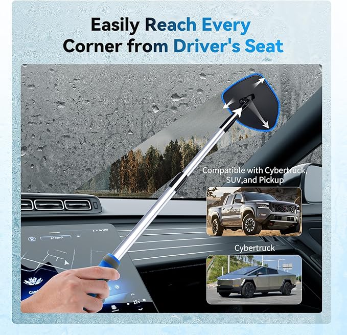 XINDELL Windshield Cleaning Tool, Interior & Inside Car Windshield Cleaner with Microfiber Pads, Extendable Handle & 360° Head, Streak-Free Glass Cleaning Kit for Cars Trucks