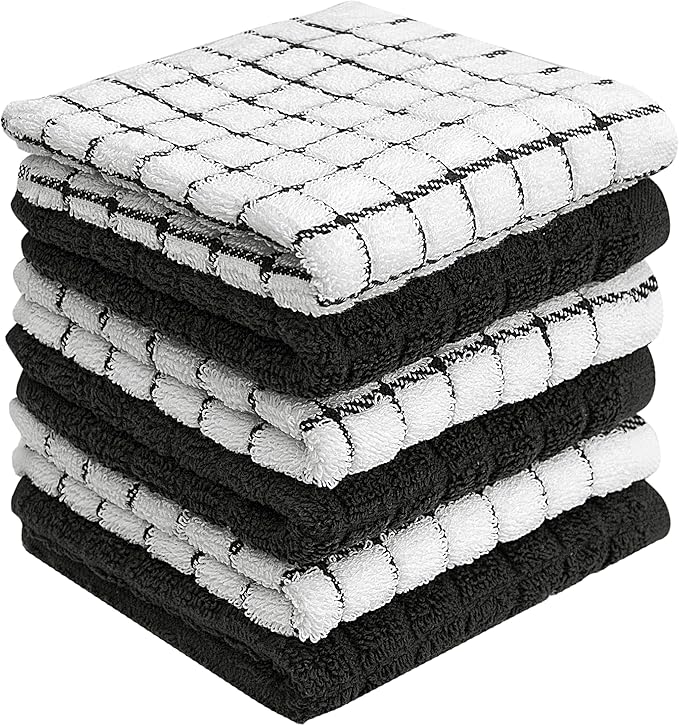 Bumble Premium Cotton Dish Cloths 12" x 12"| Black Design | 405 GSM | Highly Absorbent & Soft Dish Towels | 100% Natural Ring Spun Cotton Kitchen Towel Set - 6 Pack
