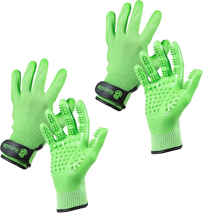 HandsOn Pet Grooming Gloves - #1 Ranked, Award-Winning Cat, Dog & Horse Hair Remover Gloves - Bathing, Shedding & Massaging Tool - Gentle Brush for Long & Short Fur (2 Pairs, Green, M & L)