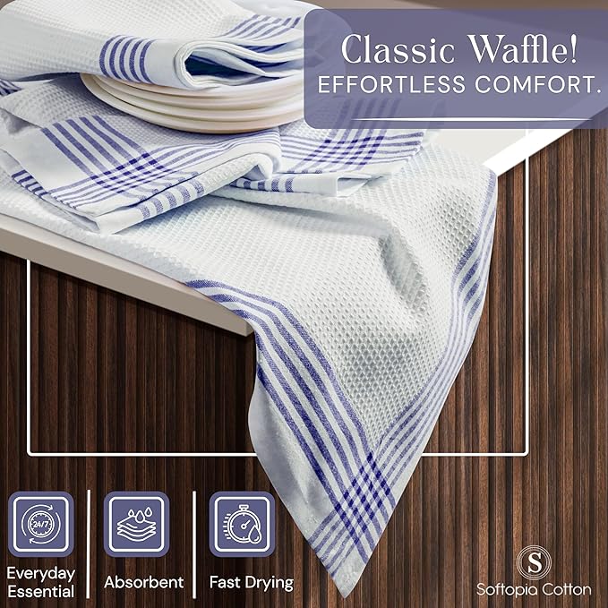 Waffle White & Indigo Blue Kitchen Towels 4 Pack, 100% Cotton, 16x26 inches, Premium Dish Towel, Long Lasting Bar Mop Cloths, Perfect for Drying Dishes, Cooking and Cleanup