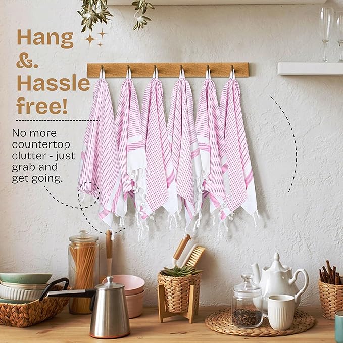 Pink Turkish Kitchen Towels 16x26 Inch, 5 Pack, 100% Cotton, Ultra Absorbent, Soft, Fast Dry, Machine Washable, Dish Towel with Tassels for Drying Dishes, Cleaning, Everyday Use